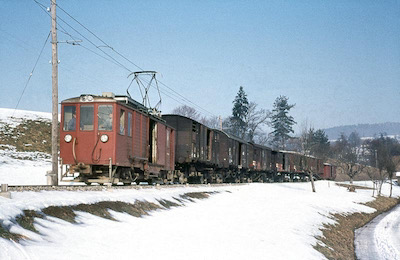 WSB, Zetzwil, Güterzug mit De 4/4 42 mit Normalspurwagen auf Rollböcken, Aufnahme 1965