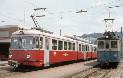 BDB Gliederzug und alter Triebwagen, Bremgarten, 1969