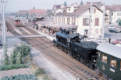 SBB, Kerzers, Dampffahrt Yverdon-Lyss mit A 3/5 705, Aufnahme 1972