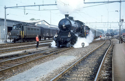 SBB, Rorschach, Personenzug mit C 5/6 2978, Güterzug mit Ae 3/6 I, Aufnahme 1977