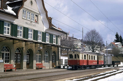 AB, Bahnhof Waldstatt, Dieseltriebwagen ABDm 2/4 56, Aufnahme 11. April 1970 (Photo: Karl Meyer)