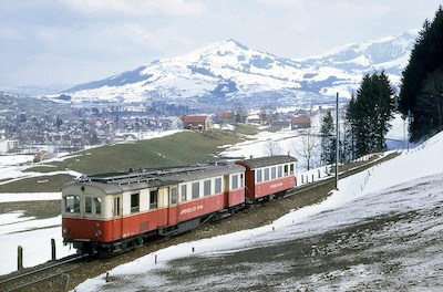AB, ob Appenzell, Personenzug mit Dieseltriebwagen ABDm 2/4 56, Aufnahme 11. April 1970 (Photo: Karl Meyer)