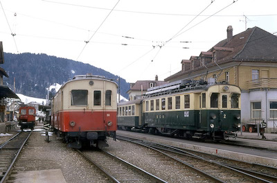 AB, SGA, Appenzell, v.l.n.r. Stationstraktor Tm 1 der AB, Dieseltriebwagen ABDm 2/4 56 und SGA ABDeh 4/4 2, Aufnahme 11. April 1970 (Photo: Karl Meyer)