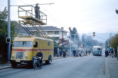 WSB Aarau, Entfelderstrasse, Fahrleitung umh. 4.11.1967