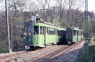 BVB, Basel-Jakobsberg, Trams 15 (Be 2/2 216) und 26, Aufnahme 1963