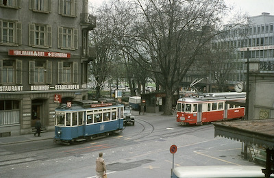 VBZ, FB, Zürich-Stadelhofen, VBZ Tram 15 Be 2/2 und FB BDe 4/4 15, Aufnahme 1967