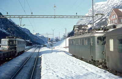 SBB Gotthardbahn, Amsteg-Silenen, Ae 6/6 11420 Appenzell AR, Ae 4/6 10802, Aufnahme 1968