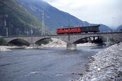 Bellinzona-Mesocco-Bahn, Castione-Arbedo, Moësabrücke, RhB ABDe 4/4, Aufnahme 1970