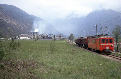 Bellinzona-Mesocco-Bahn, Lumino, RhB BDe 4/4 491, Rollschemel, Aufnahme 1972