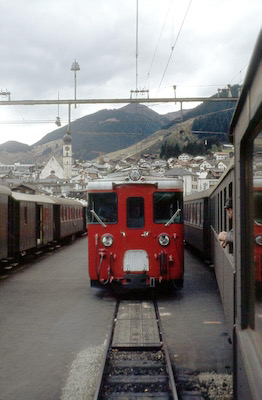 Furka-Oberalp-Bahn und Rhätische Bahn, Disentis, Deh 4/4, Aufnahme 1972