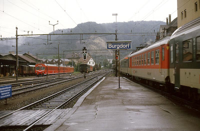 SBB, Bahnhof Burgdorf, SBB Schnellzug und EBT, Aufnahme 1984