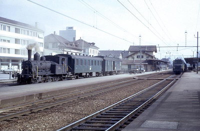 Sursee-Triengen-Bahn, Sursee, Dampfzug mit E 3/3 8522, B3 3 und DZ3 52, Aufnahme 1967
