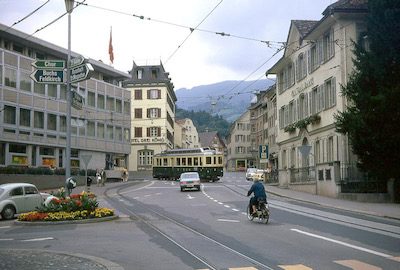 SGA, Altstätten beim Rathaus, Triebwagen ABDeh 4/4 8 unterwegs zwischen Altstätten Stadt und Altstätten SBB, Aufnahme 1973