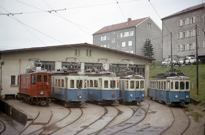 TB, Speicher, Depot, von links nach rechts: Xe 2/2 71, BDe 4/4 23, BDe 4/4 2, BDe 4/4  7 sowie BDe 4/4 4, Aufnahme 16. September 1972 (Photo: Karl Meyer)