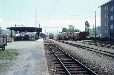 AB, Bahnhof Gossau, Triebwagen ABe 4/4 44 oder 45, Aufnahme 1966