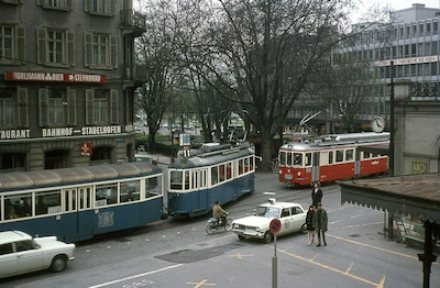 VBZ, FB, Zürich-Stadelhofen, VBZ Tram 11 Be 4/4 und FB BDe 4/4 15, Aufnahme 1967